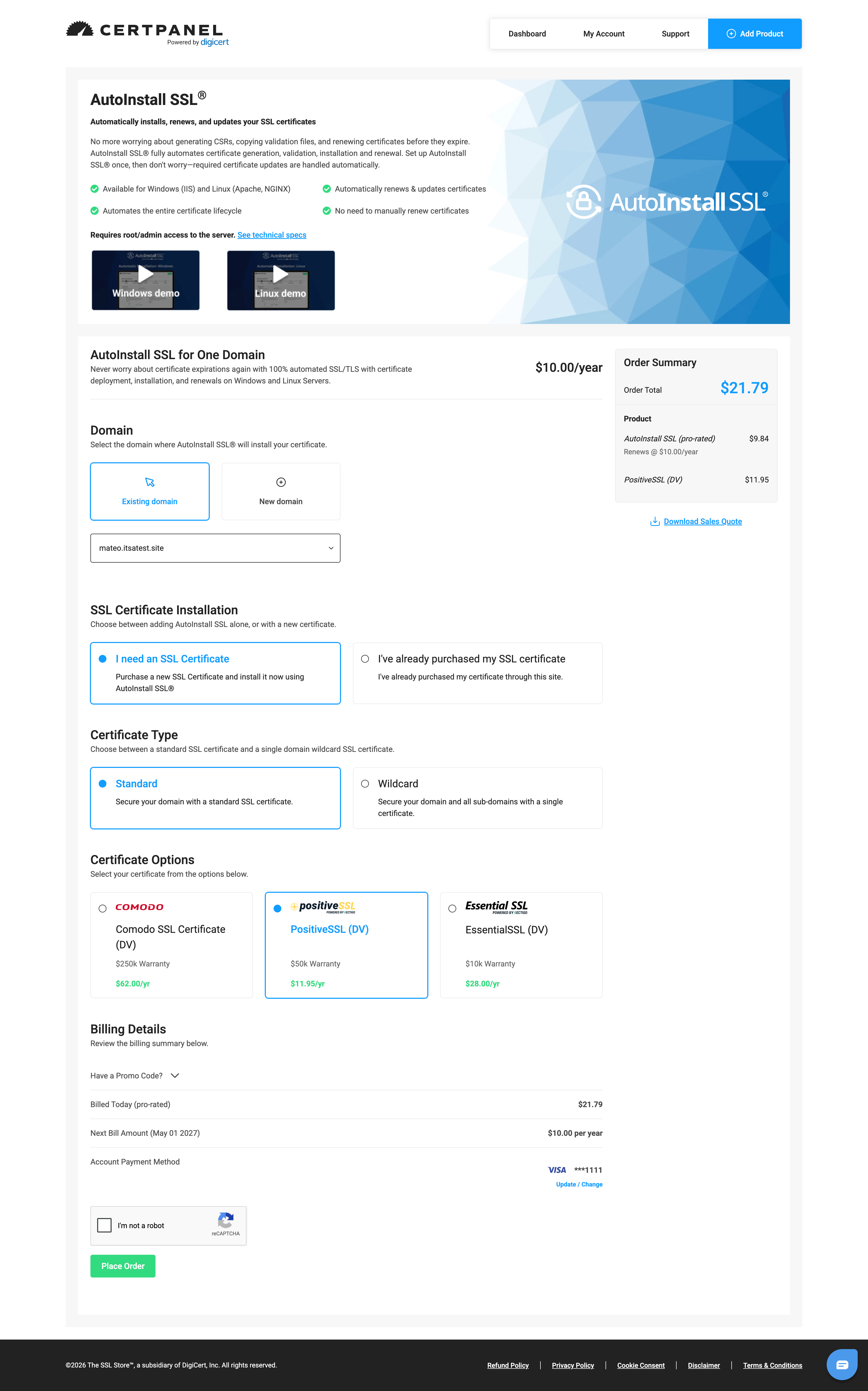 CertPanel AutoInstall SSL purchase screen with PositiveSSL selected