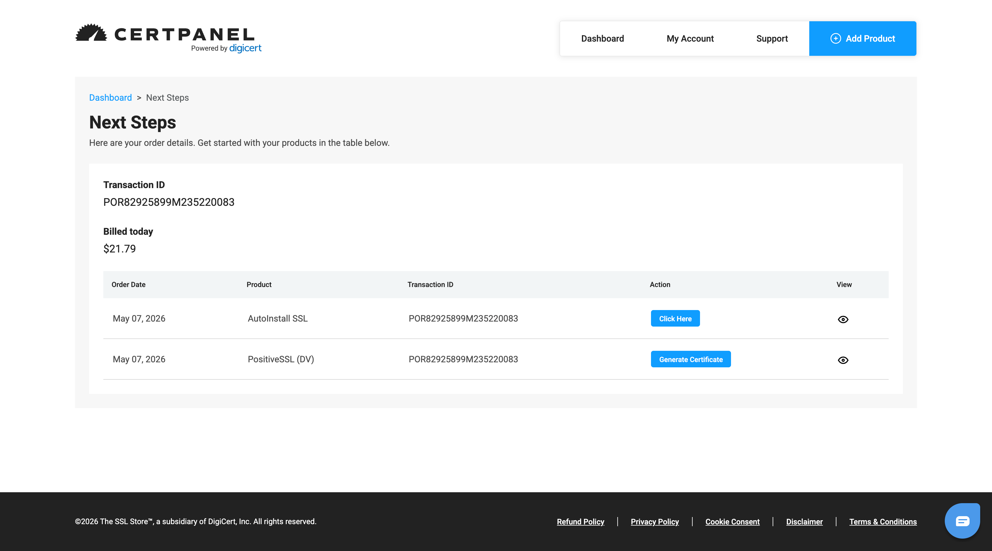 CertPanel next steps page showing AutoInstall SSL and PositiveSSL actions