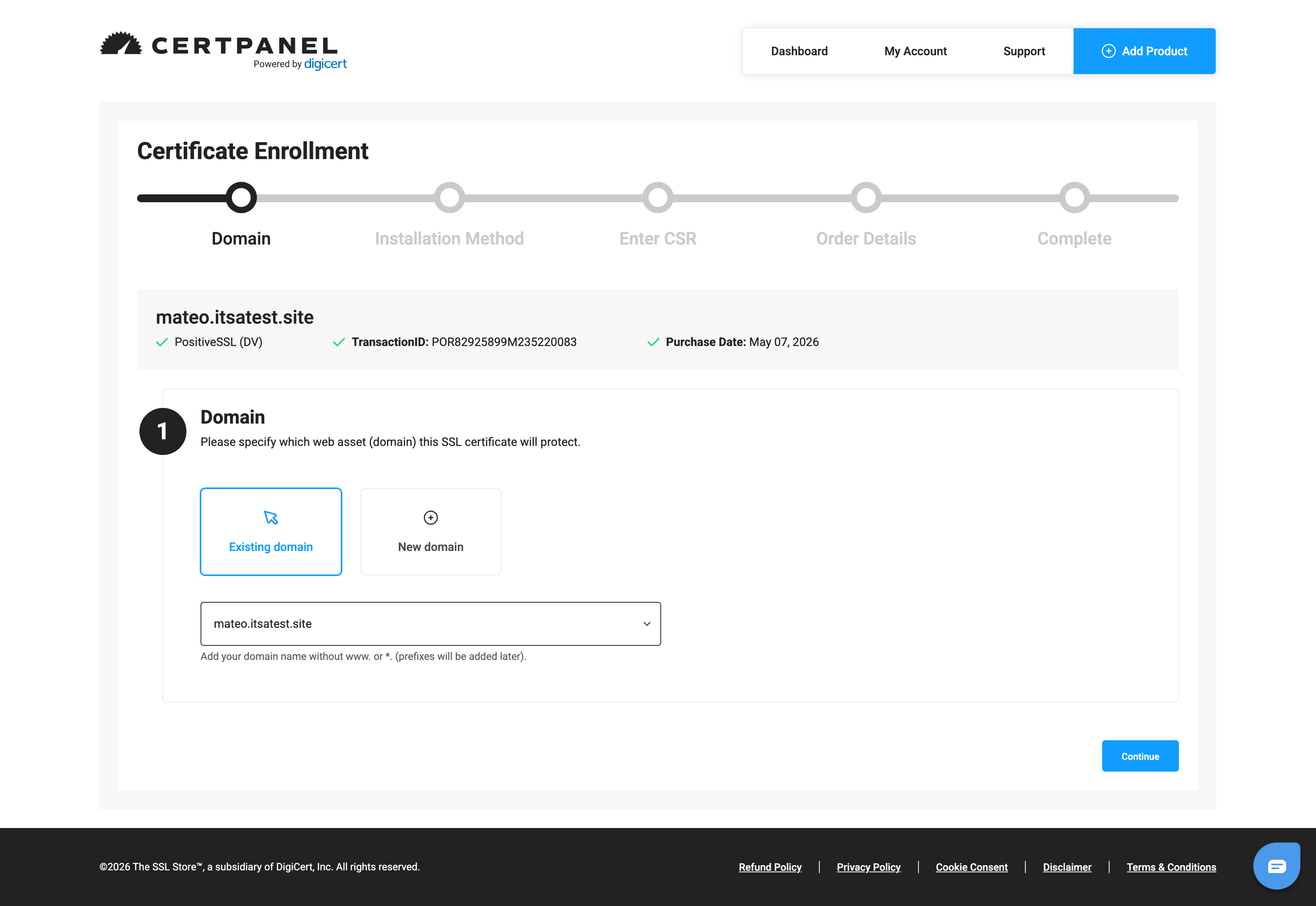CertPanel domain step with mateo.itsatest.site selected