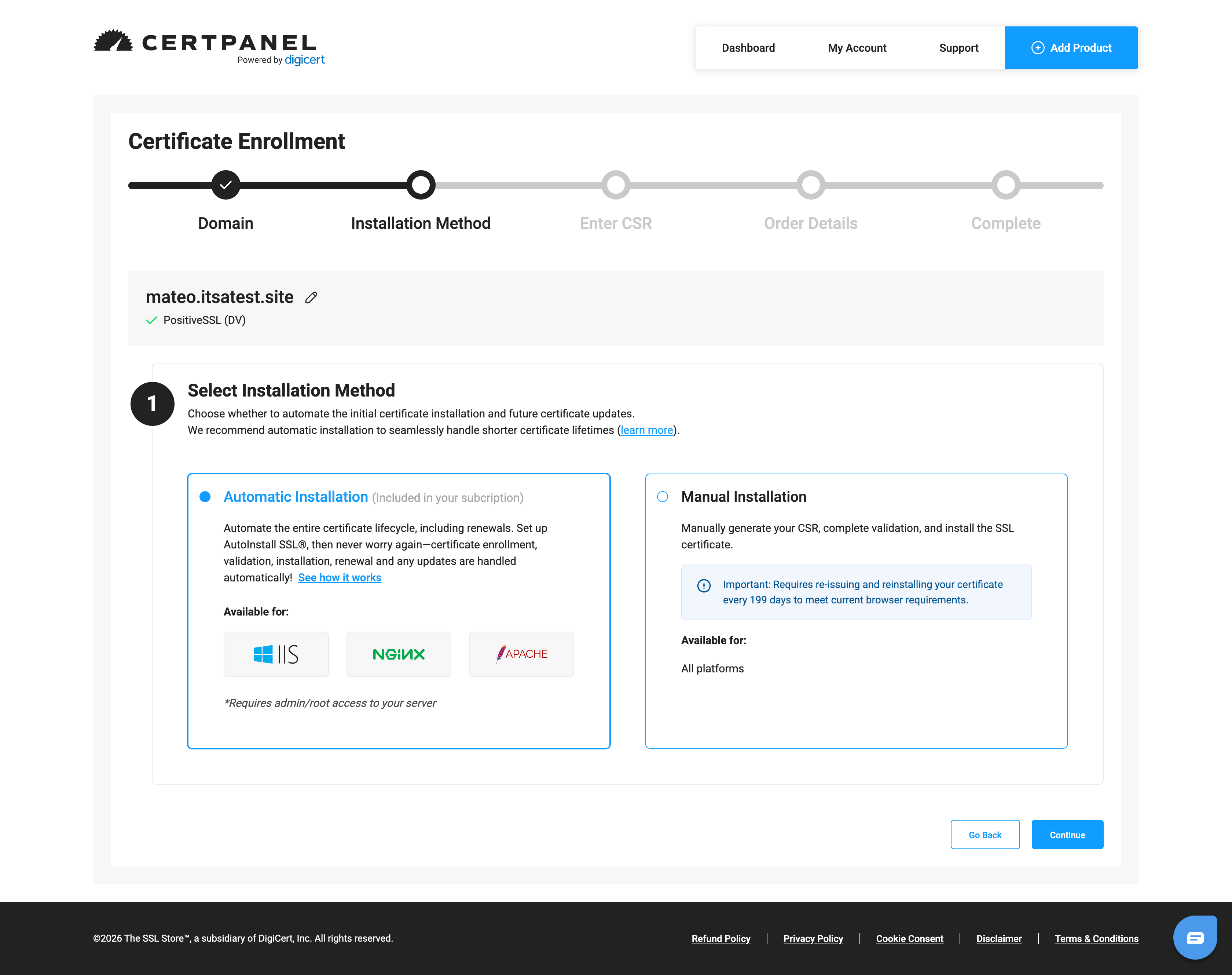 CertPanel installation method screen with automatic installation selected