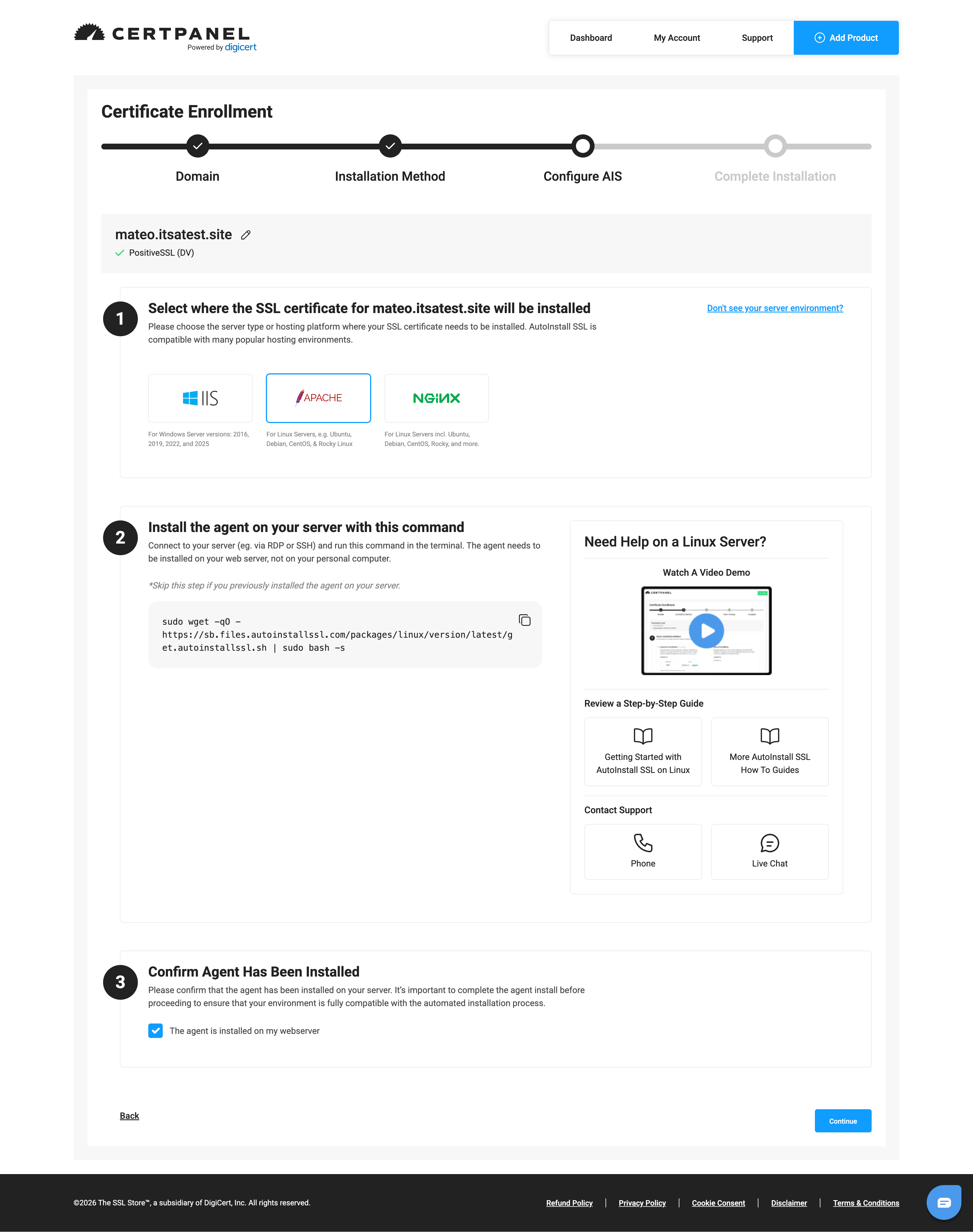 CertPanel configure AutoInstall screen with Apache and file validation selected