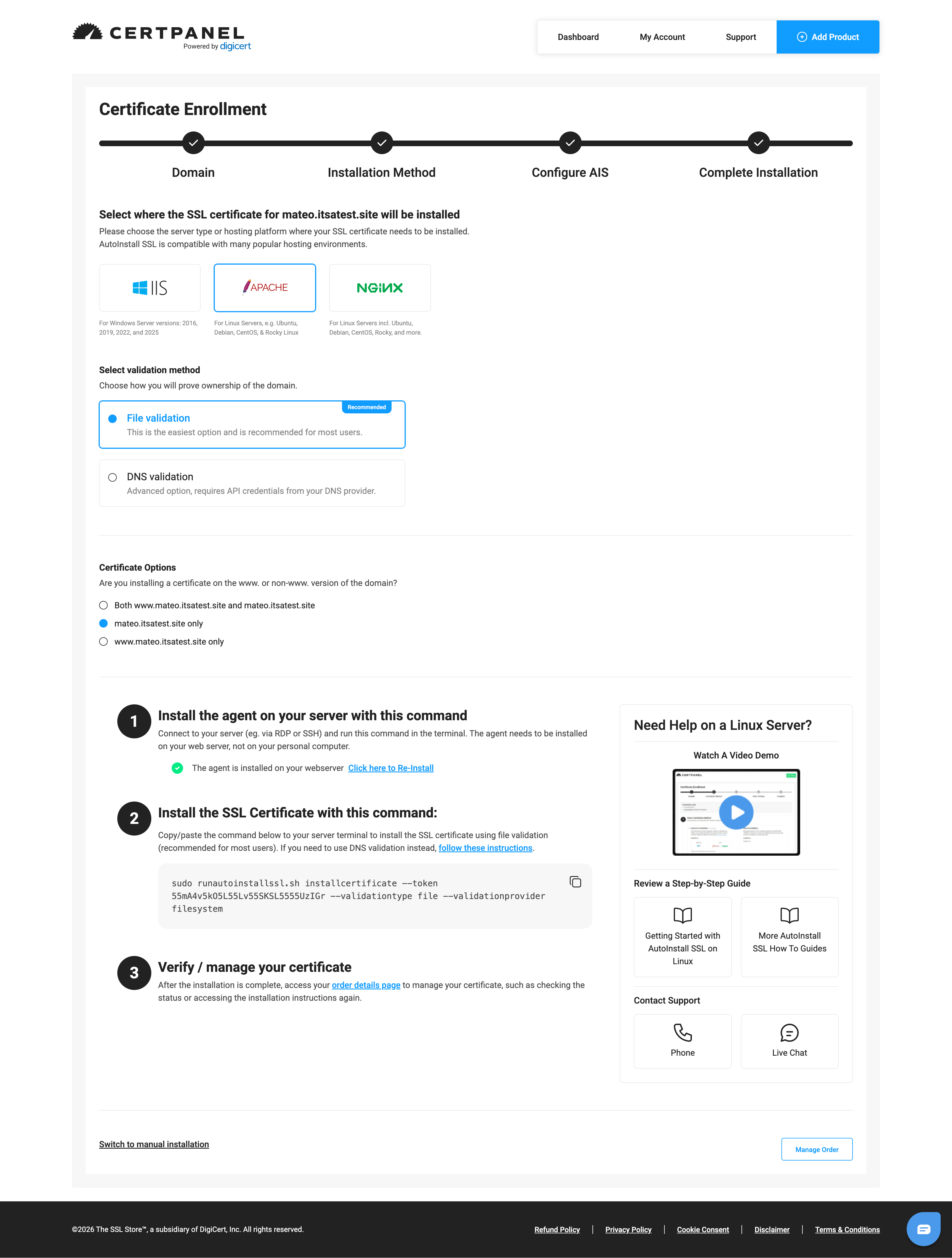CertPanel AutoInstall command screen for Apache file validation