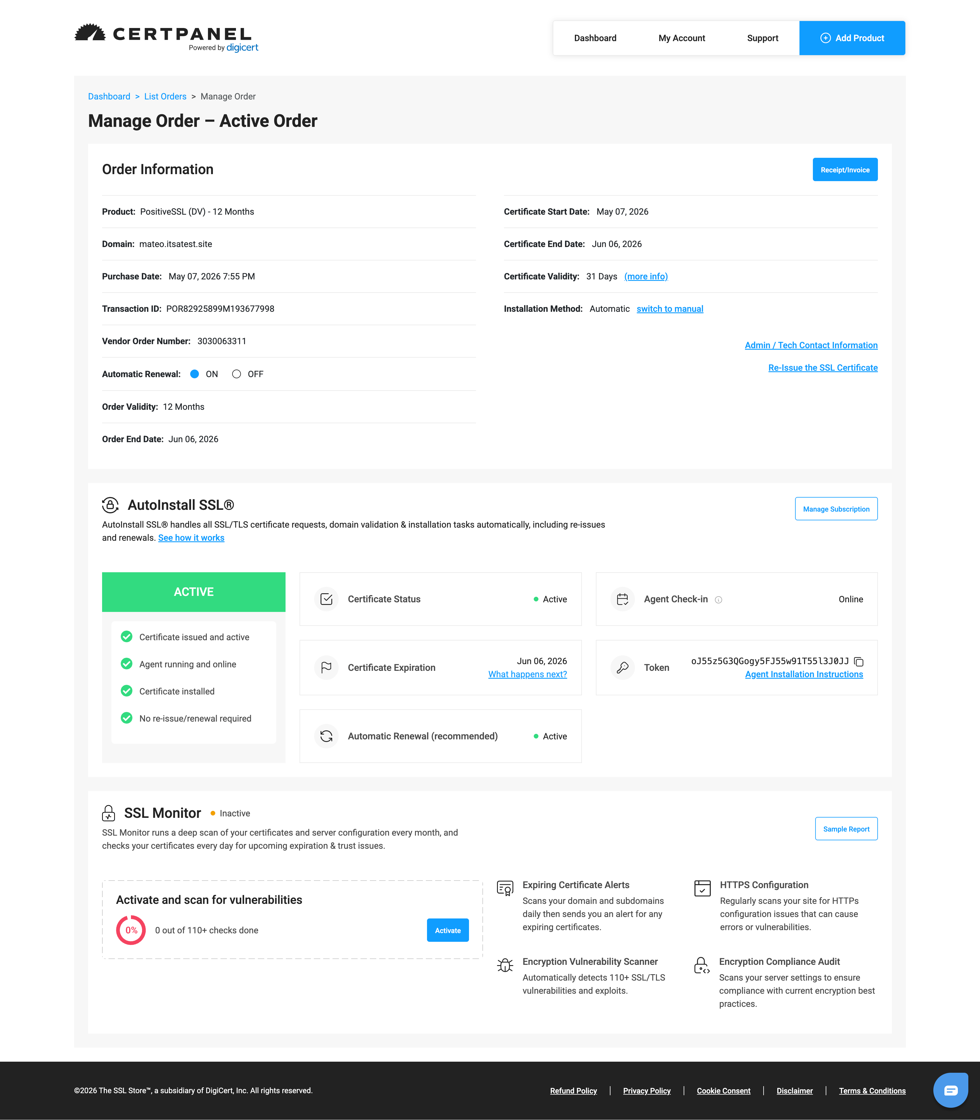 CertPanel active order screen showing certificate issued, agent online, and automatic renewal active